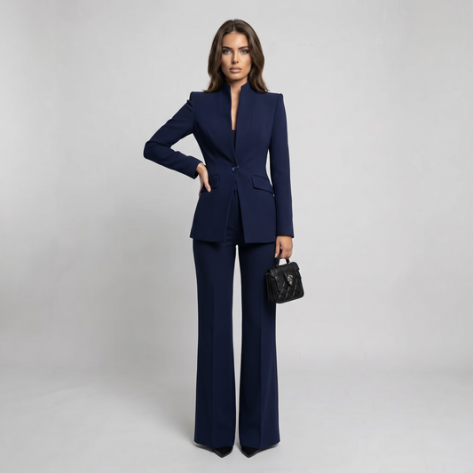 Navy high-neck blazer with tailored waistband and wide-leg trousers, styled with small handbag