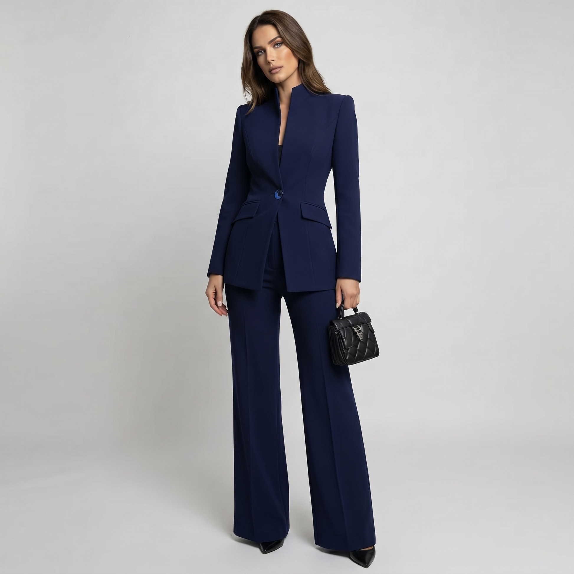 Navy high-neck blazer and wide-leg trousers with flap pockets and center button closure