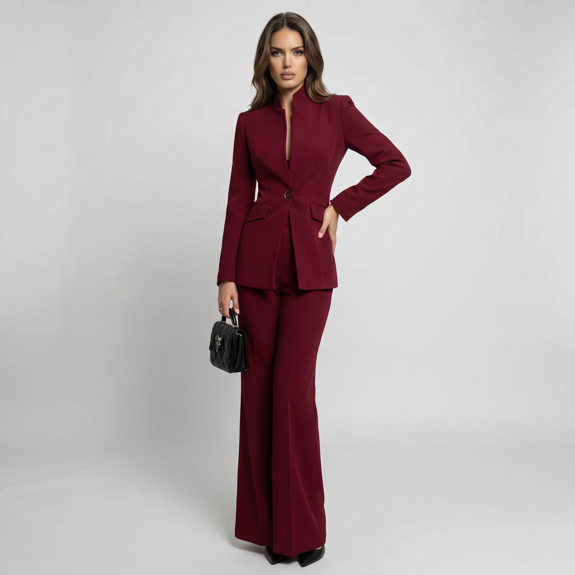Burgundy high-neck blazer and wide-leg trousers suit set with button front and side pockets