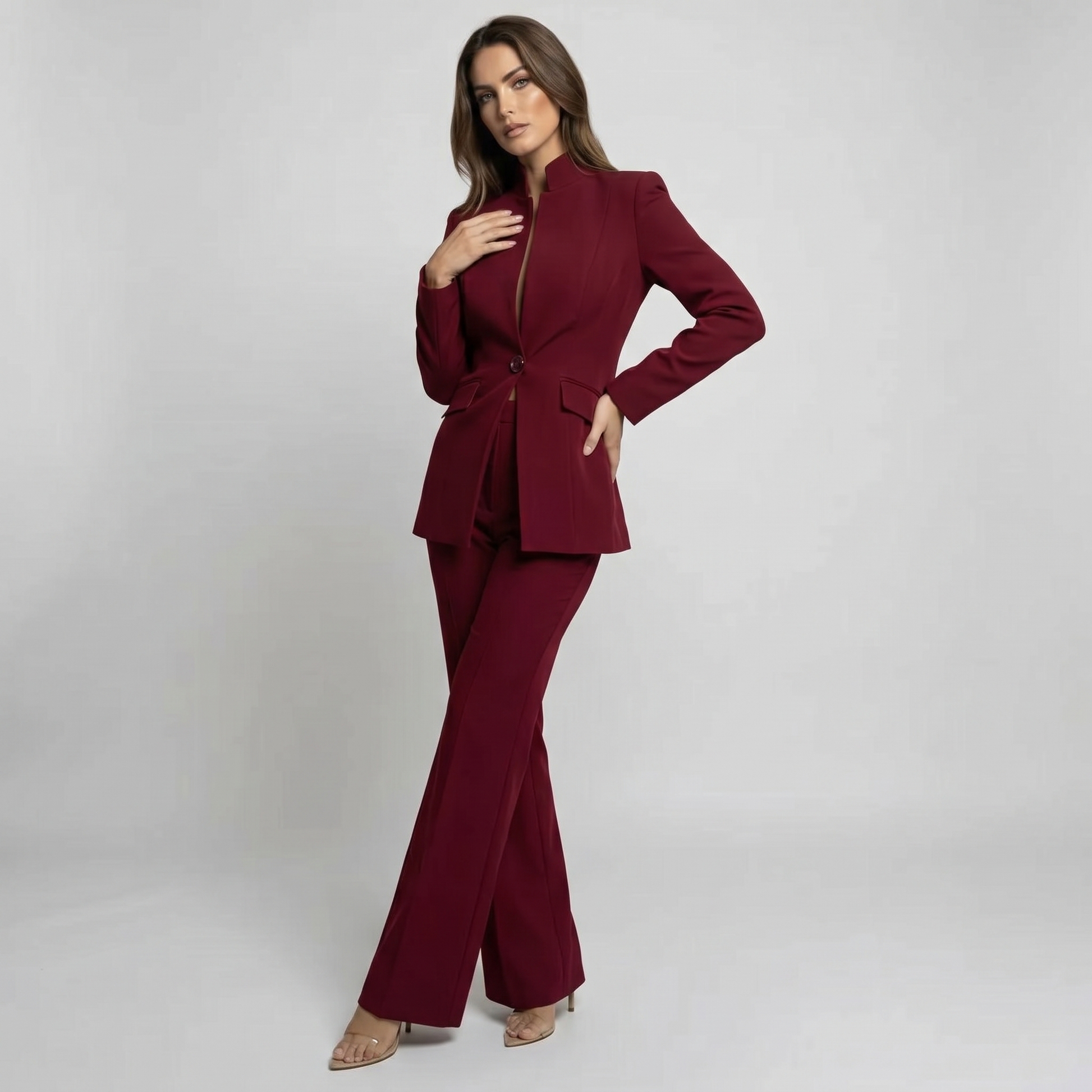 Burgundy high-neck blazer and flared wide-leg trousers suit set with tailored flap pockets