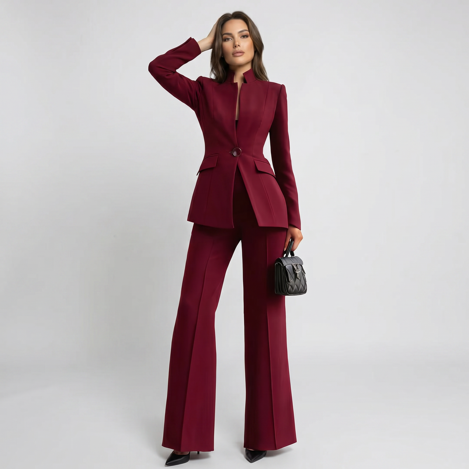 Burgundy high-neck blazer and wide-leg trousers suit set, center button and flap pockets