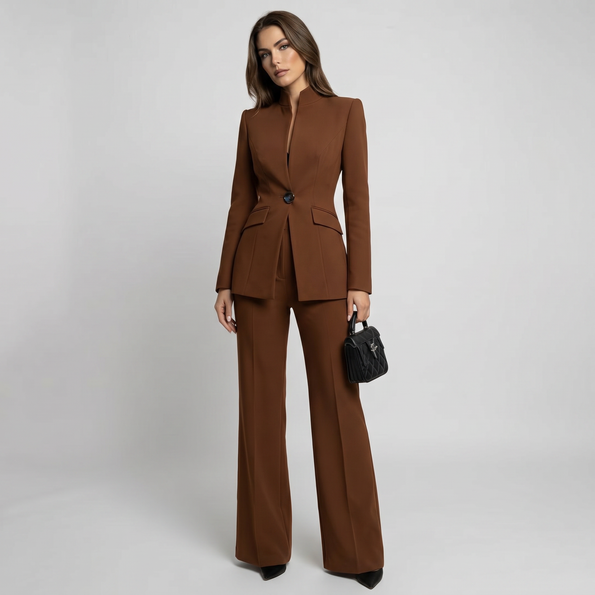 Brown high-neck blazer and wide-leg trousers suit set with button front and flap pockets