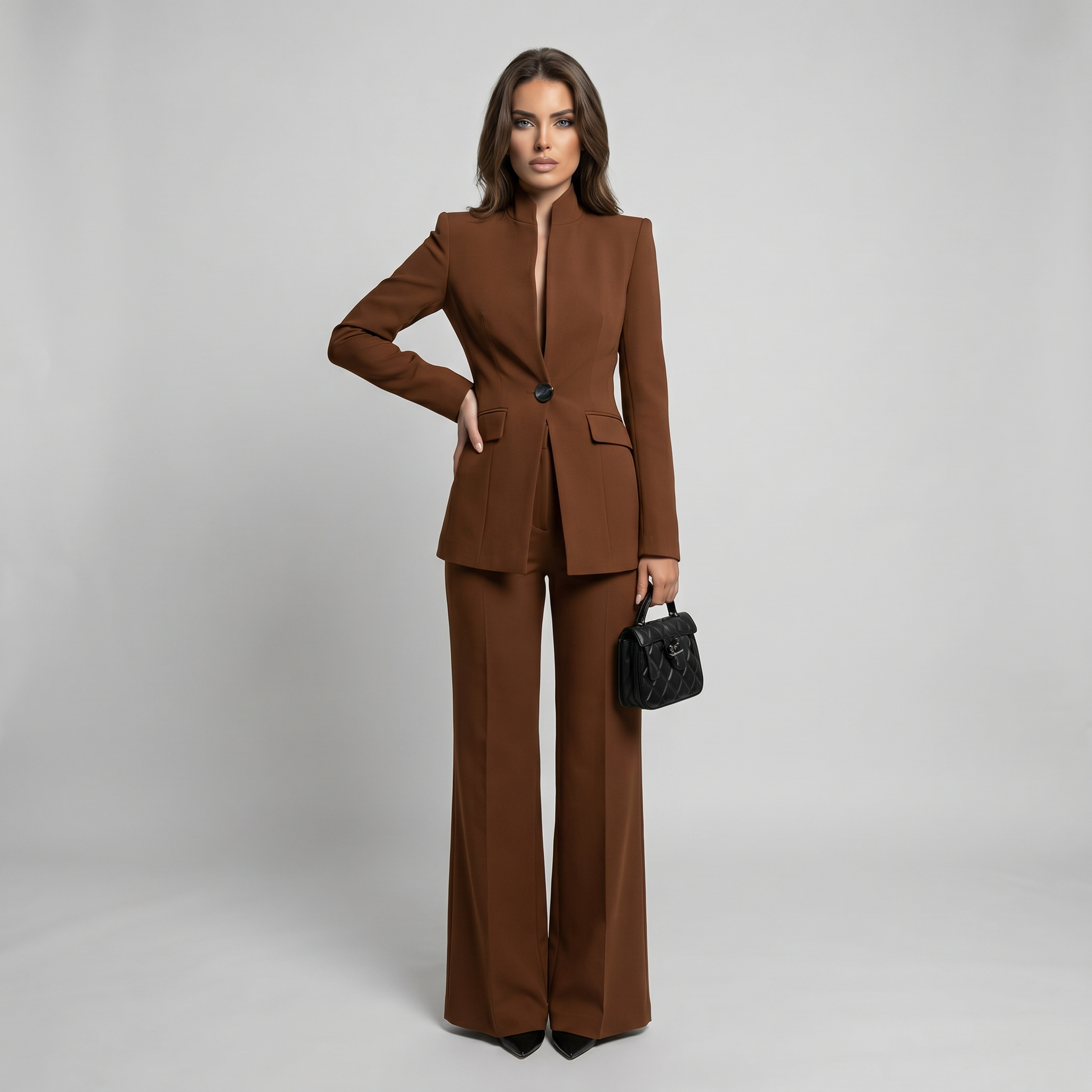 Brown tailored high-neck blazer and wide-leg trousers suit set with center button closure
