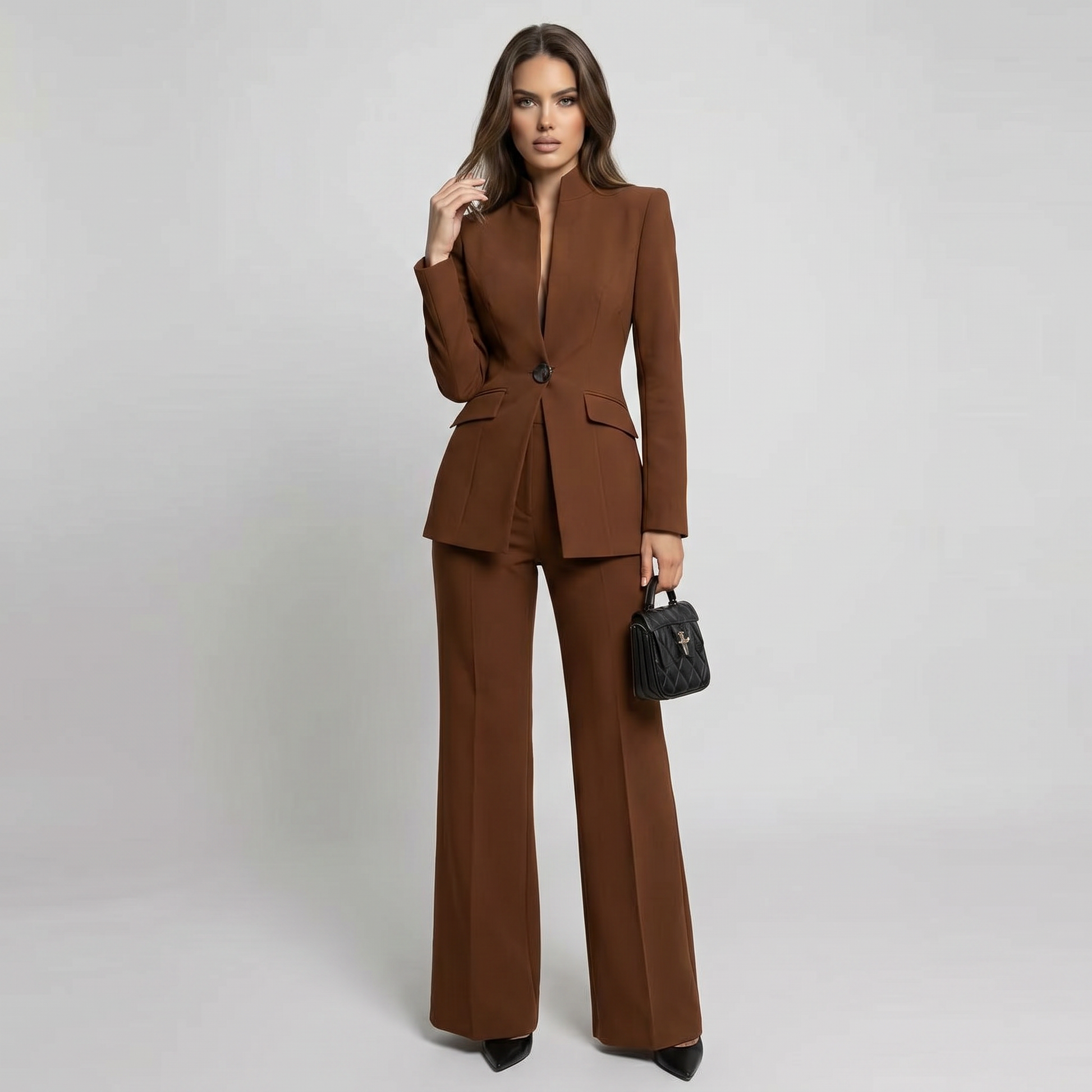 Brown high-neck blazer and wide-leg trousers suit set with flap pockets and matching buttons