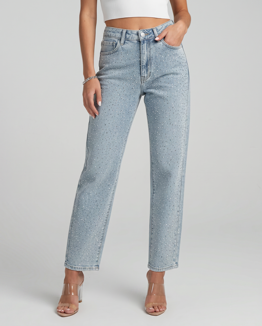 High-waist straight-leg jeans in light blue with subtle shimmer speckles