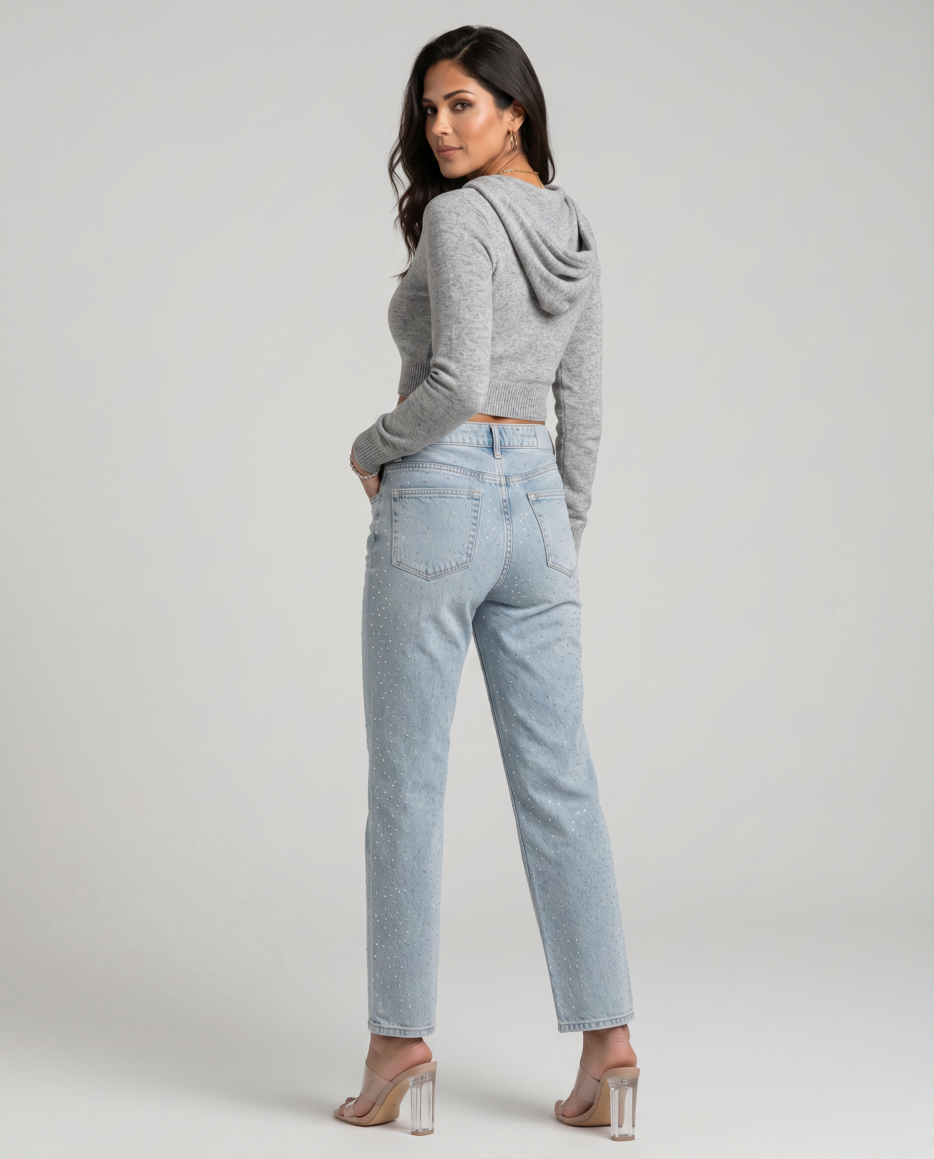 High-waist straight-leg jeans in light blue shimmer speckles, back view