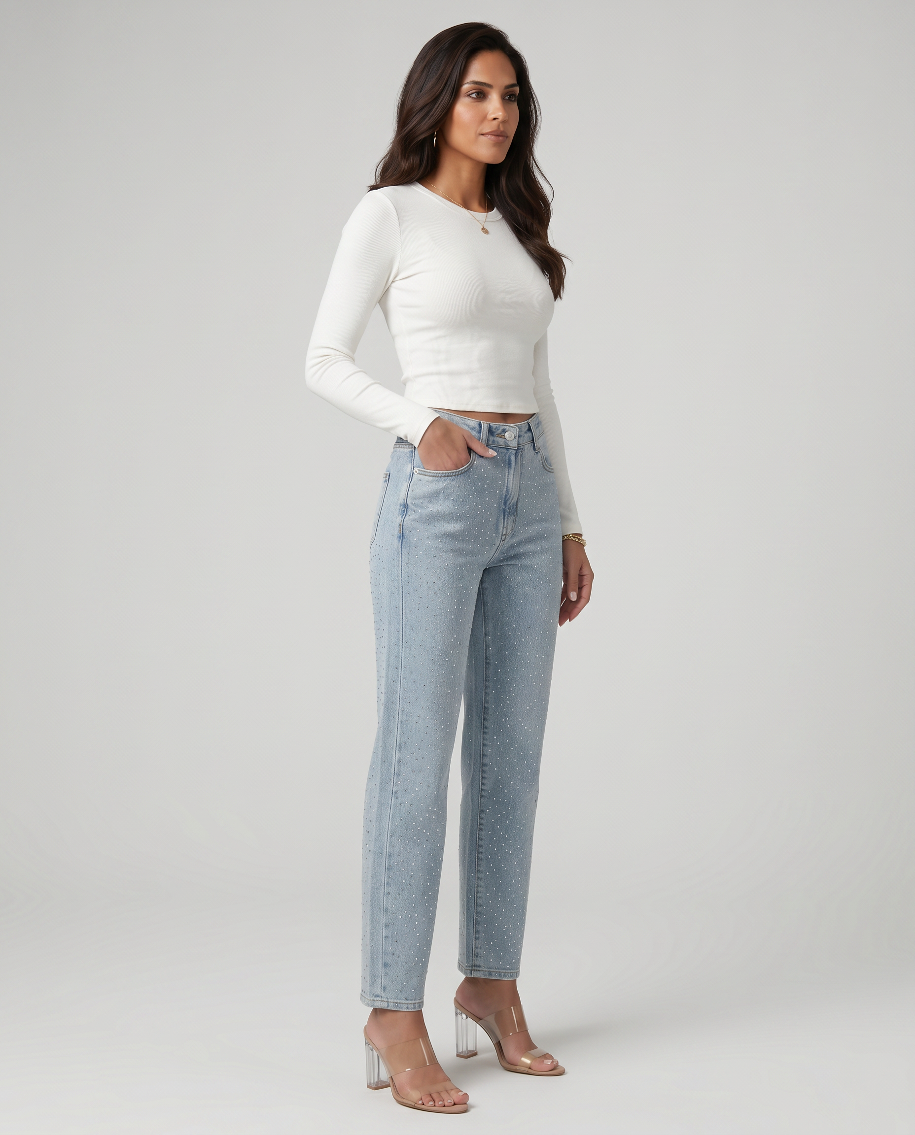 High-waist straight-leg jeans in light blue shimmer speckles, full length side view