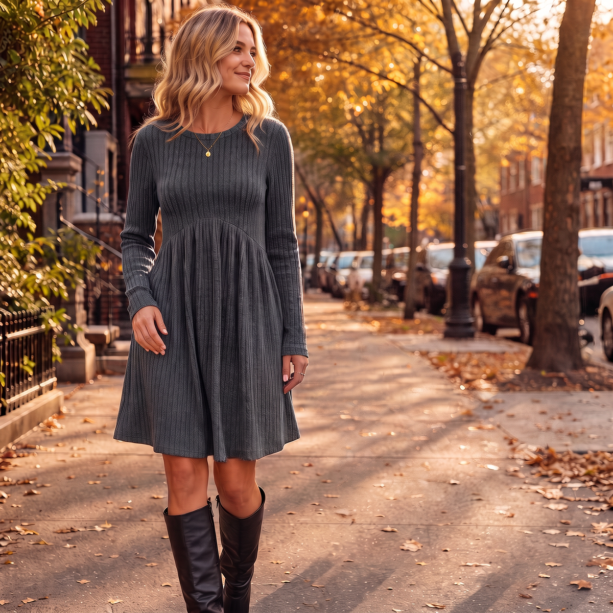 Gray ribbed knit high-waist A-line midi dress with long sleeves and round neckline