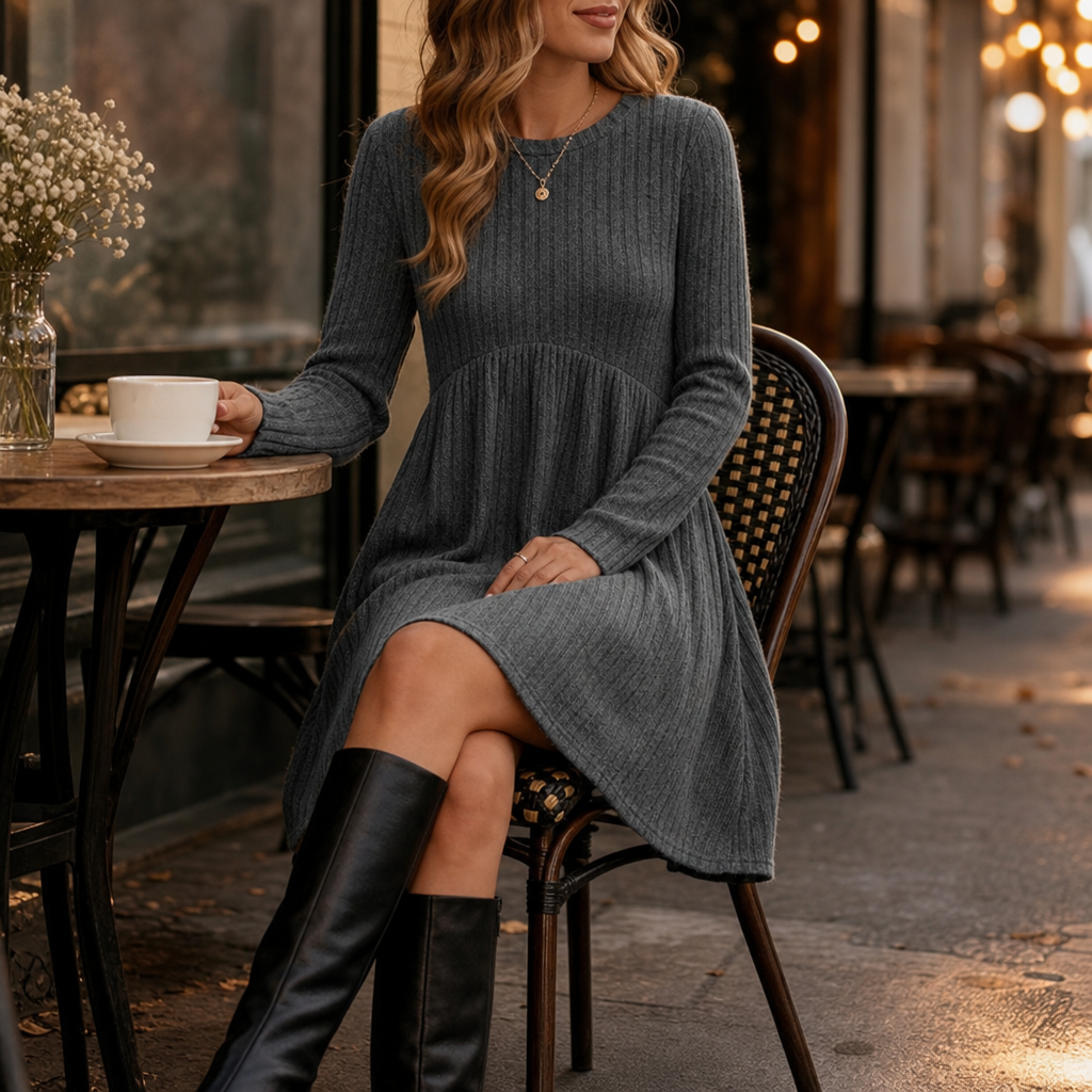 Gray ribbed knit midi dress with gathered high-waist seam and long sleeves