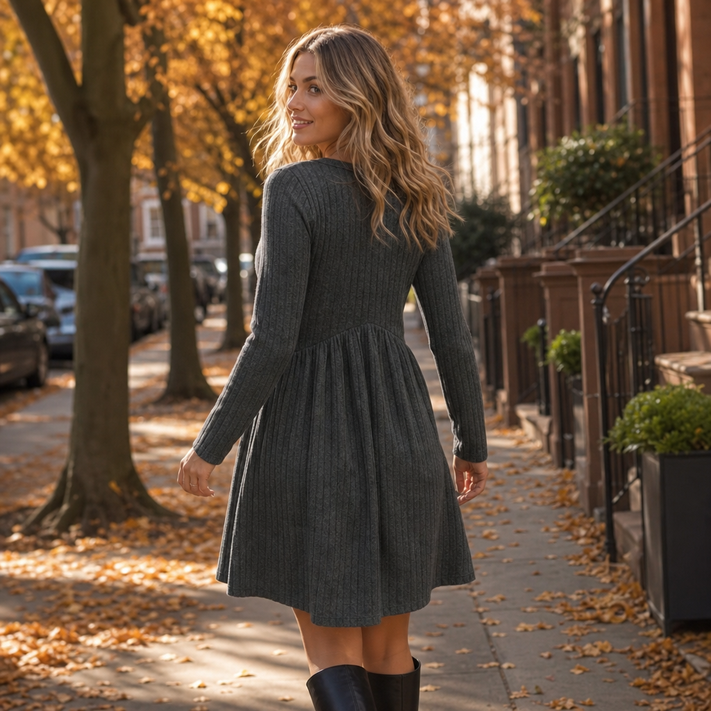 Gray long-sleeve ribbed knit A-line midi dress, high-waist seam, round neckline