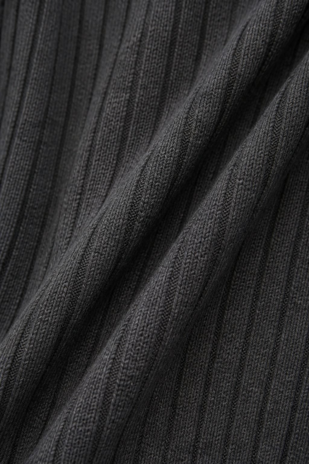 Gray ribbed knit A-line midi dress fabric, high-waist seam and textured knit detail