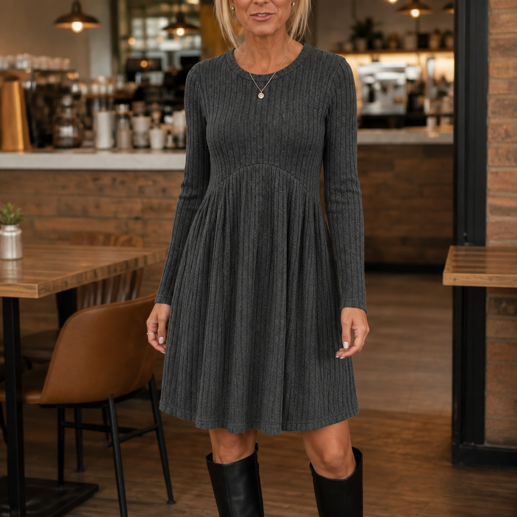 Dark gray ribbed knit high-waist A-line midi dress with long sleeves
