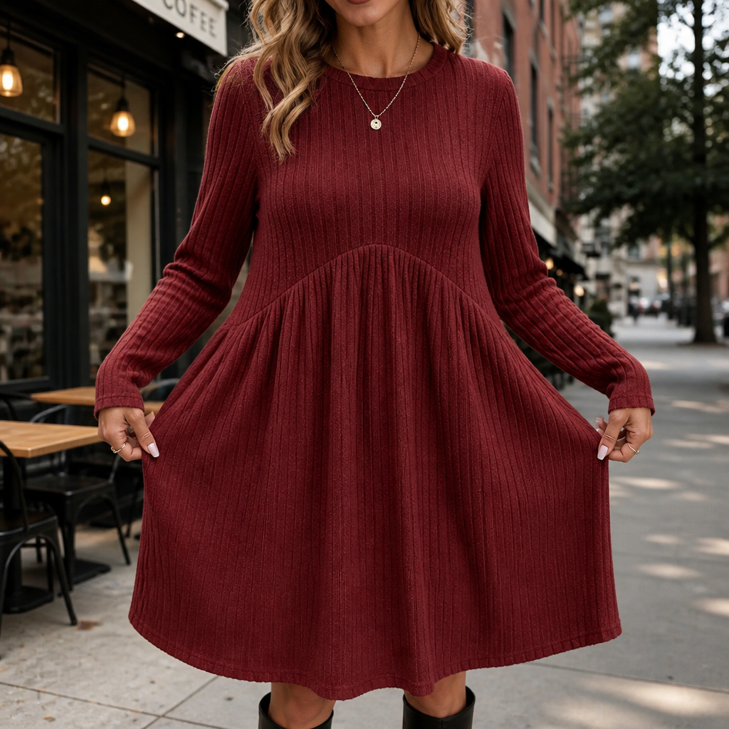 Burgundy ribbed knit high-waist A-line midi dress with long sleeves