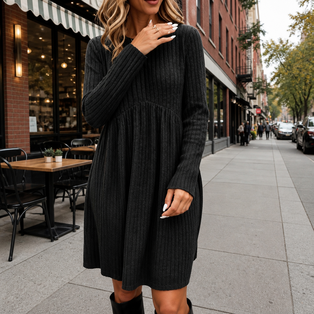 Black ribbed knit high-waist A-line midi dress with long sleeves