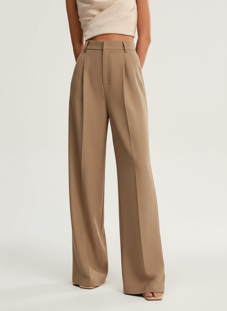 Camel high-waist wide-leg tailored trousers with belt loops and front pleats