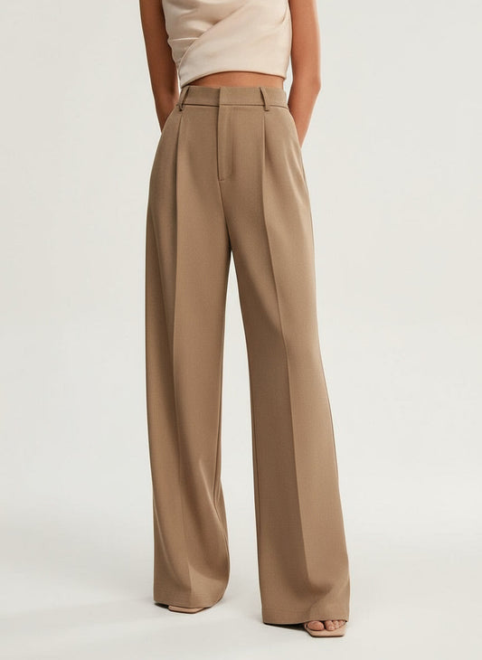 Camel high-waist wide-leg tailored trousers with belt loops and front pleats