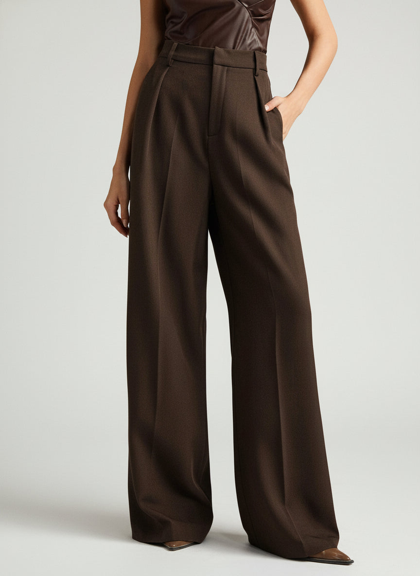 Brown high-waist wide-leg tailored trousers with front pleats and belt loops