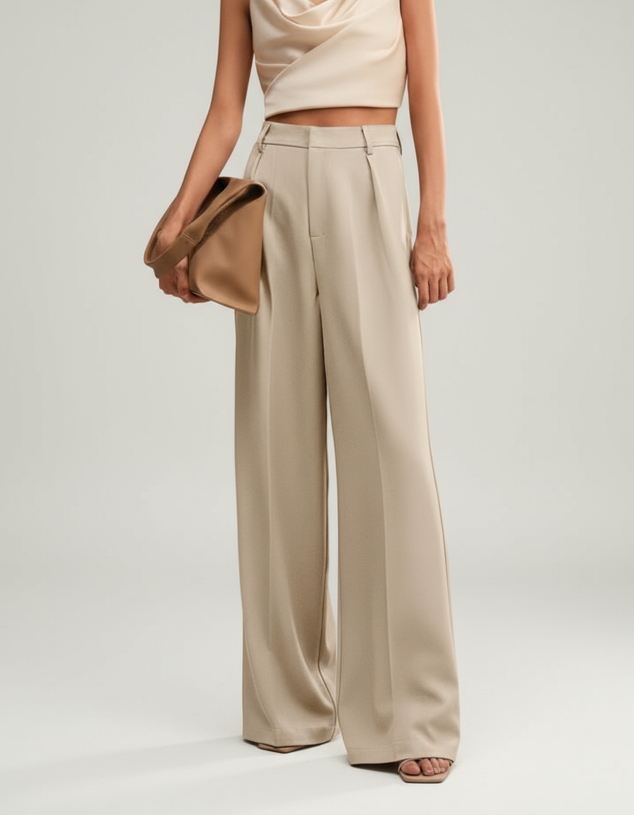 Beige high-waist wide-leg tailored trousers with pleats and belt loops