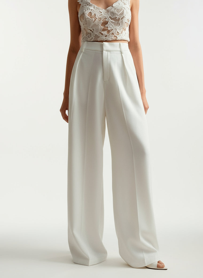 White high-waist wide-leg tailored trousers with belt loops and front crease