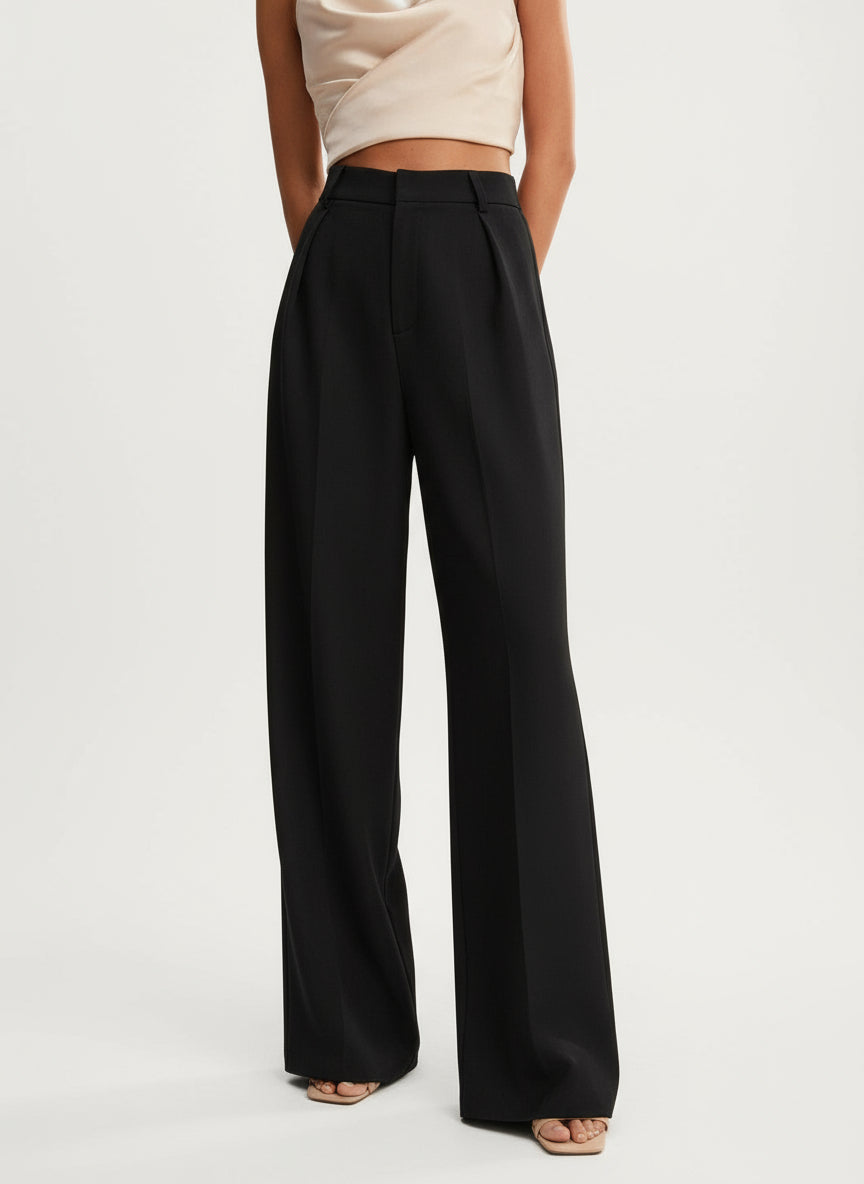 Black high-waist wide-leg tailored trousers with belt loops and straight wide leg