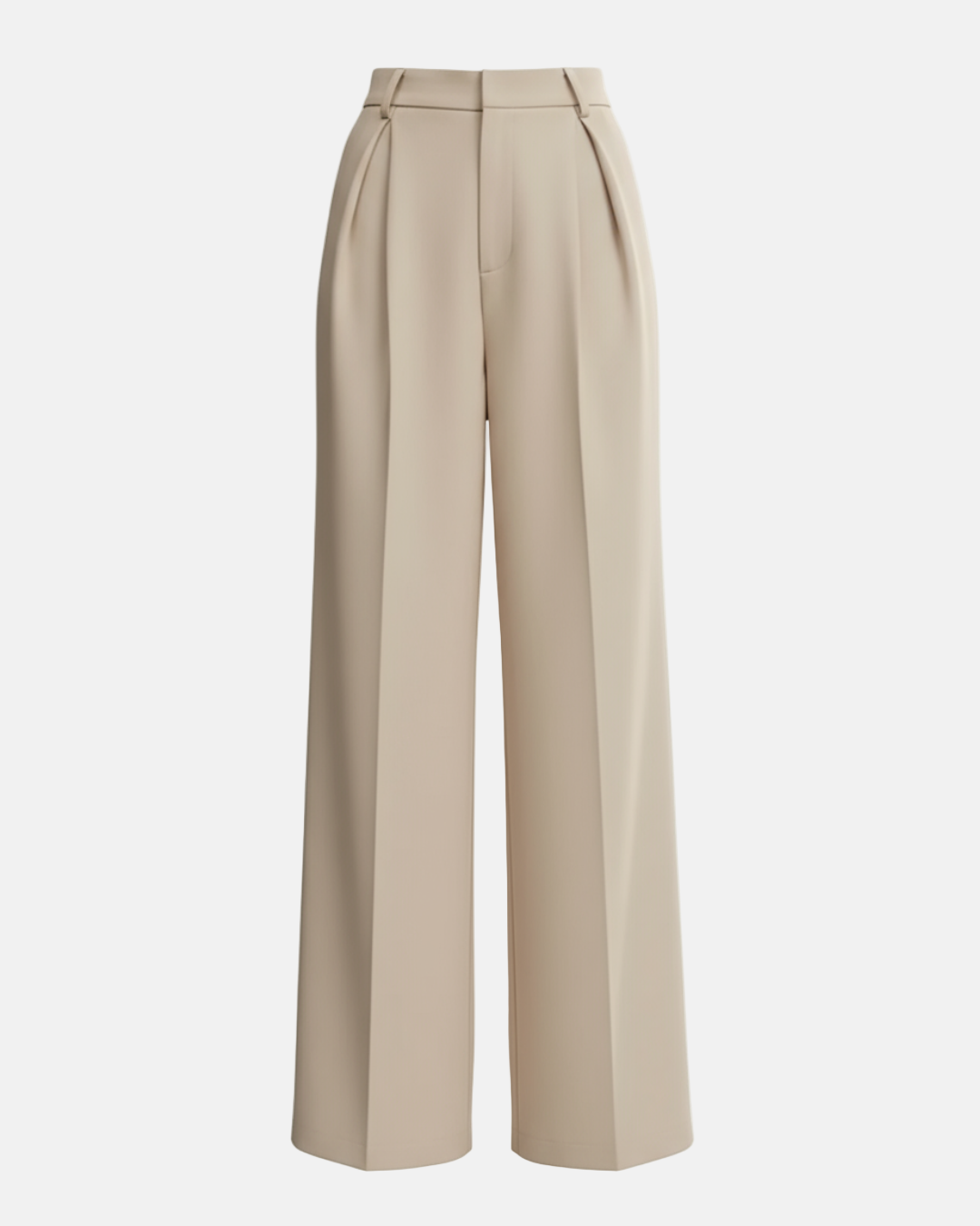 Light beige high-waist wide-leg tailored trousers with belt loops and front pleats