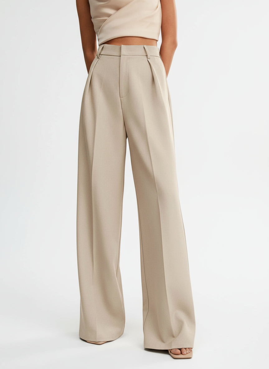 Cream-beige high-waist wide-leg tailored trousers with belt loops and wide legs