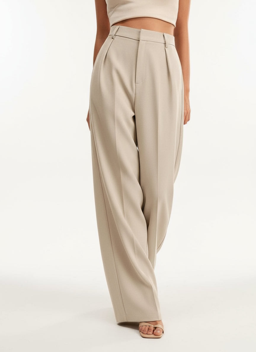 Light beige high-waist wide-leg tailored trousers with crease and belt loops