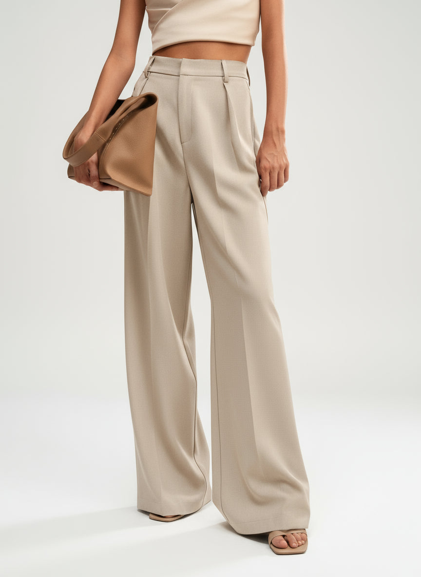 High-waist wide-leg tailored trousers in beige, pleated front and belt loops