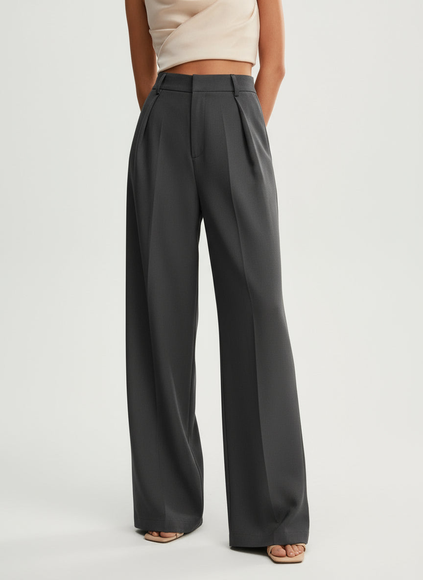 High-waist wide-leg tailored trousers in dark charcoal, pleated front and belt loops