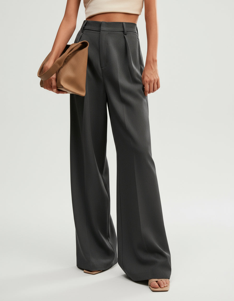 High-waist wide-leg tailored trousers in dark charcoal, pleated front and side pockets