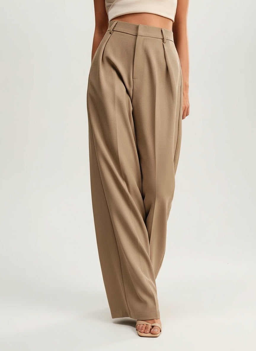 High-waist wide-leg tailored trousers in camel, pleated front and belt loops