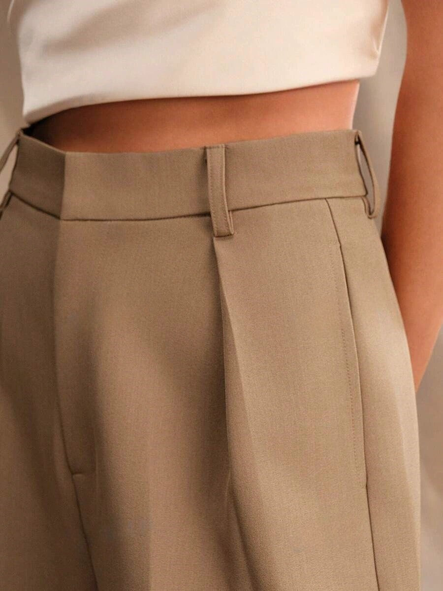 High-waist wide-leg tailored trousers in taupe, belt loops and front pleats