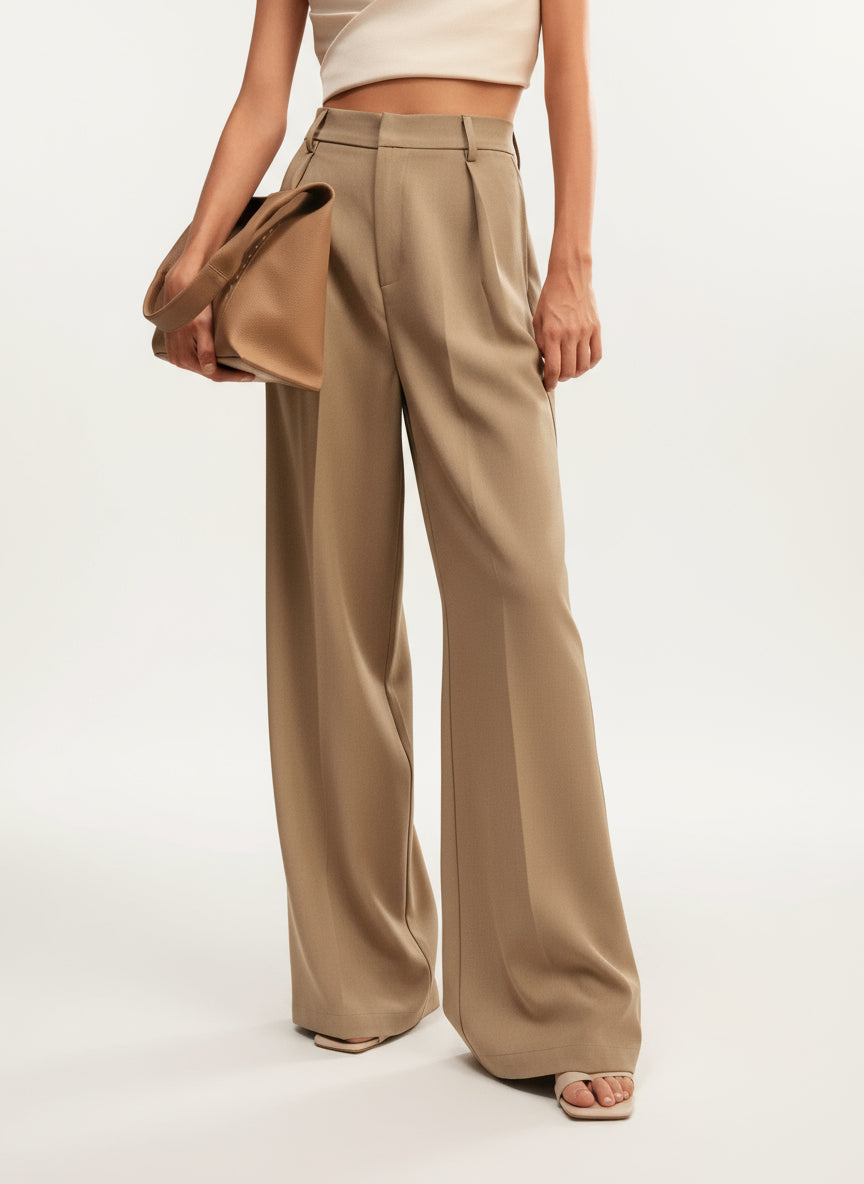 High-waist wide-leg tailored trousers in camel, pleated front and relaxed wide legs