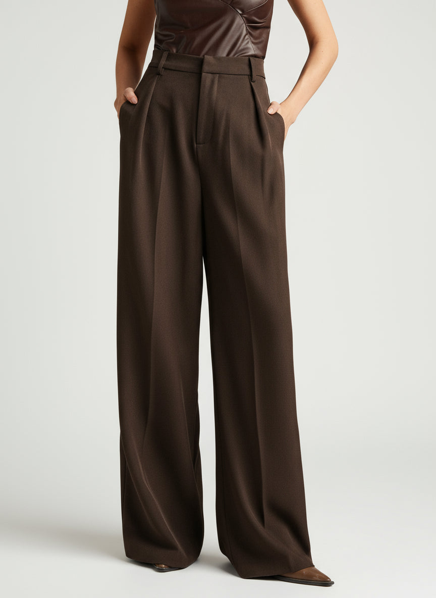 High-waist wide-leg tailored trousers in dark brown, pleated front and belt loops