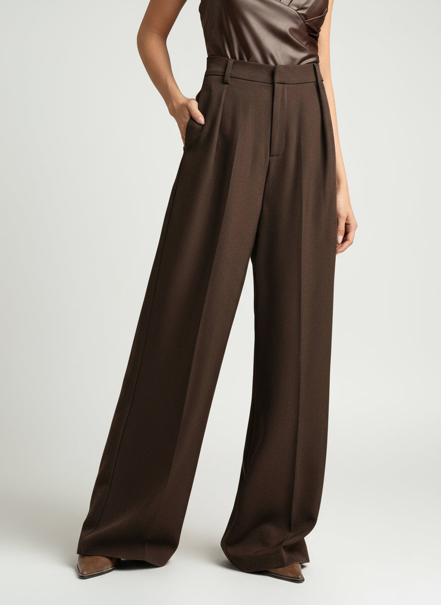 High-waist wide-leg tailored trousers in dark brown, tailored seams and belt loops