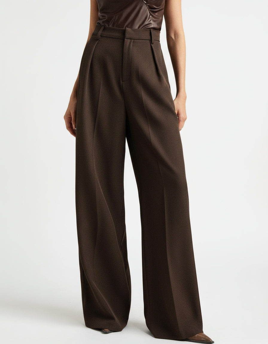 High-waist wide-leg tailored trousers in dark brown, fitted waist with belt loops