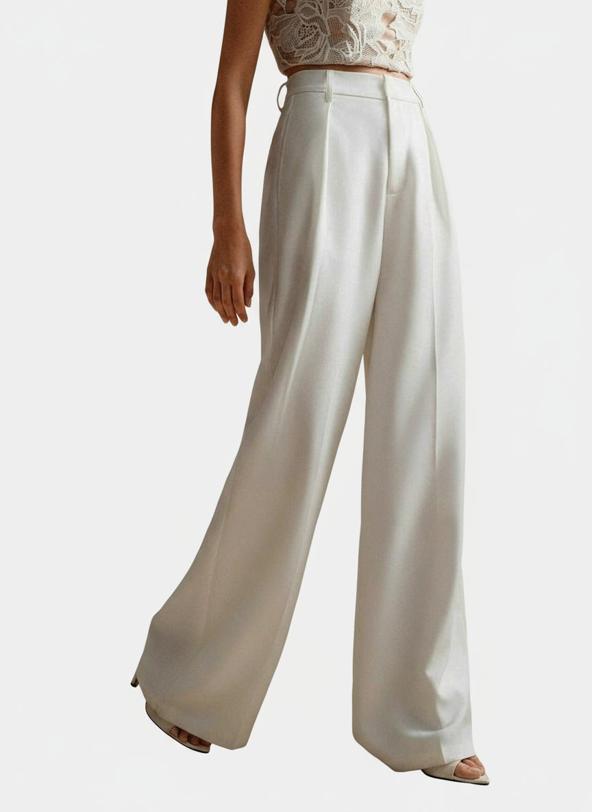 Cream high-waist wide-leg trousers, long flared leg and side pockets