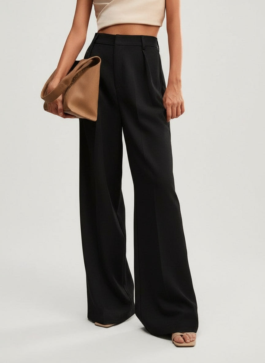 Black high-waist tailored wide-leg trousers with pleated front and belt loops