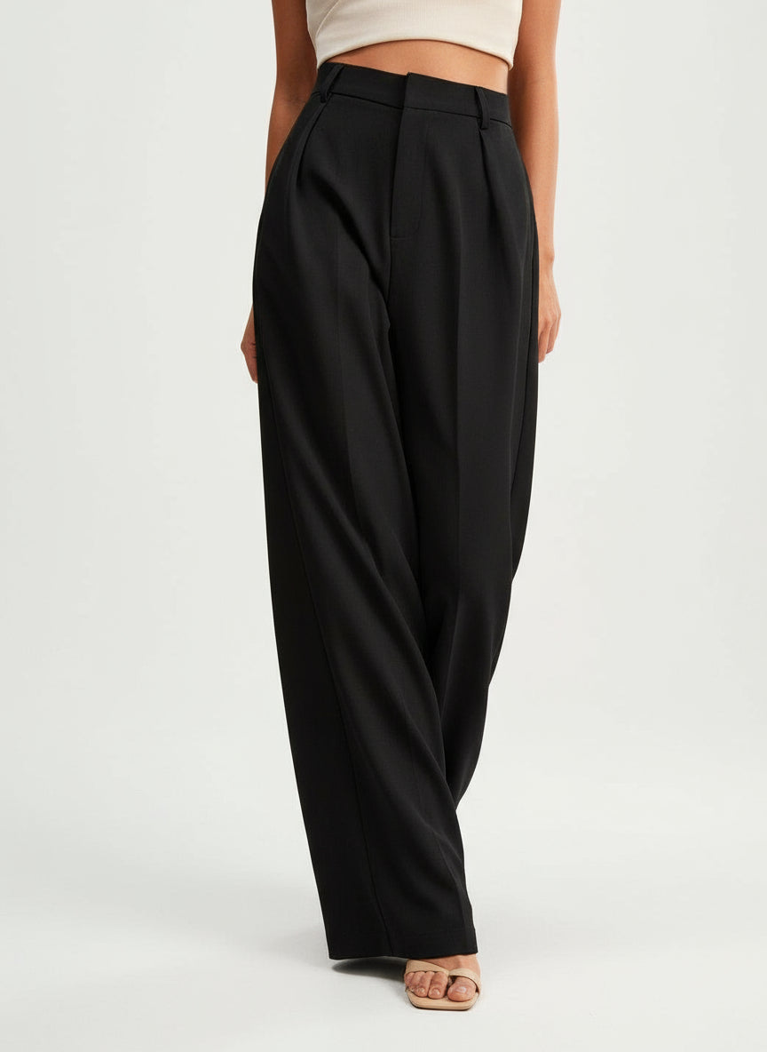 Black high-waist wide-leg trousers, tailored waistband and straight drape legs