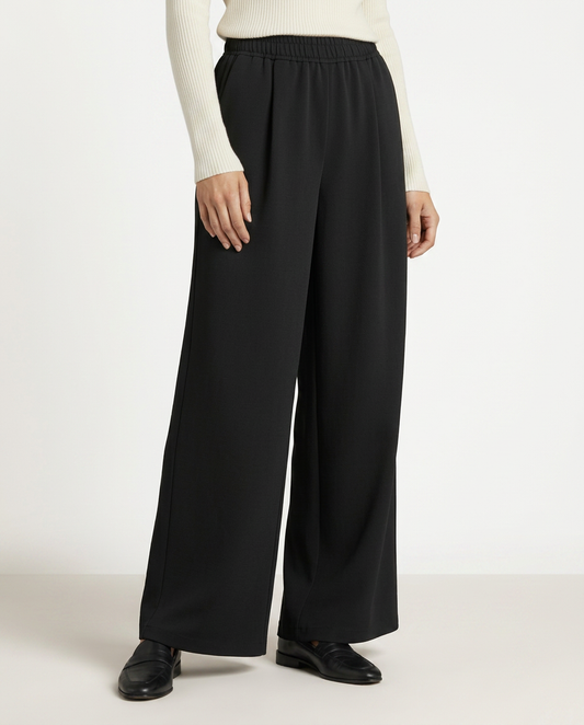 Black high-waist wide-leg trousers with elastic waistband and side pockets