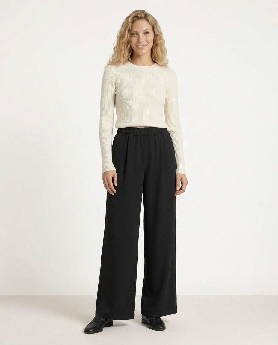 High waist wide-leg trousers, black, with elastic waistband and wide legs