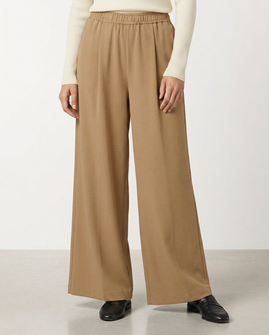 High waist wide-leg trousers, tan, with elastic waistband and wide straight legs