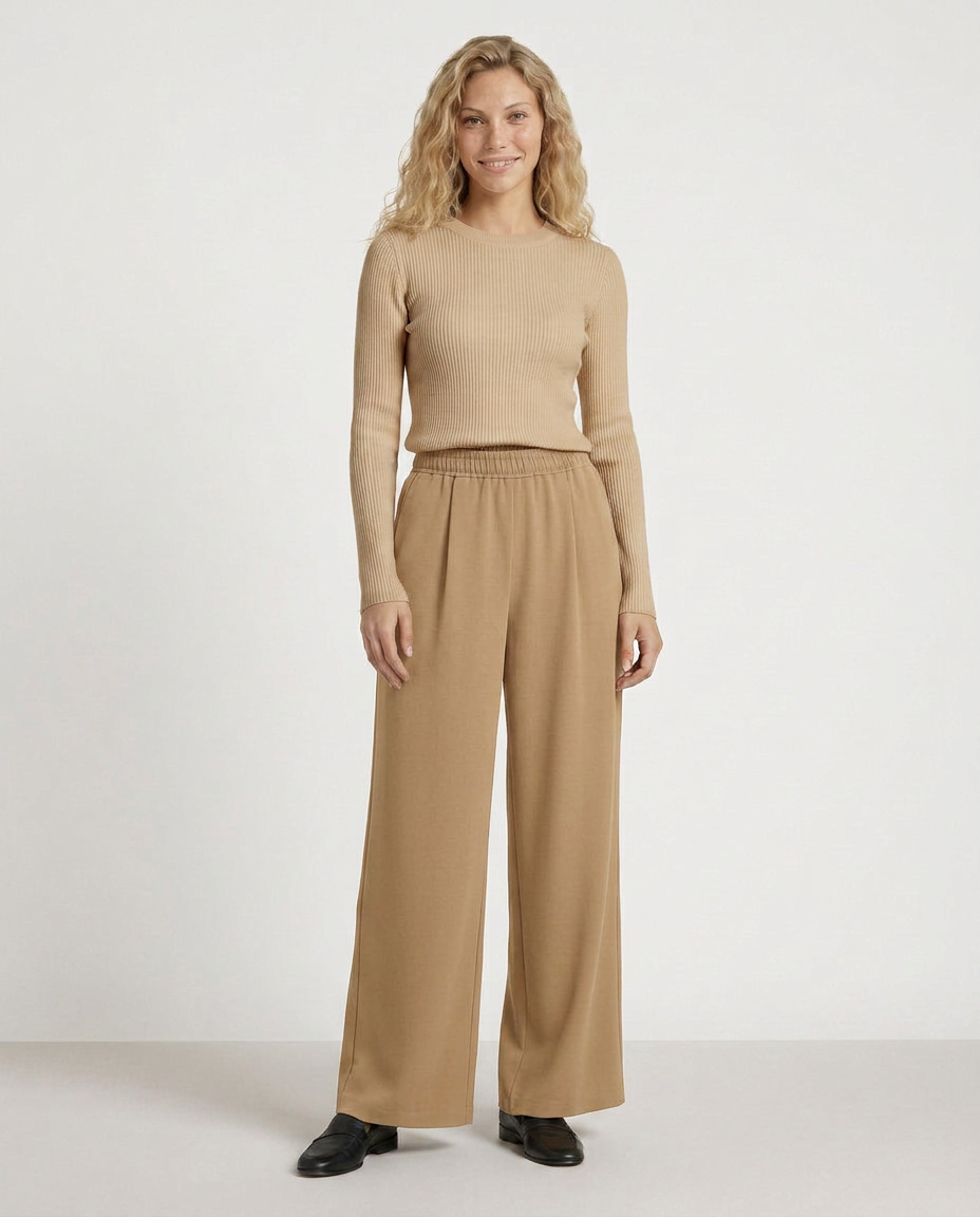 High waist wide-leg trousers, camel, with elastic waistband and wide legs