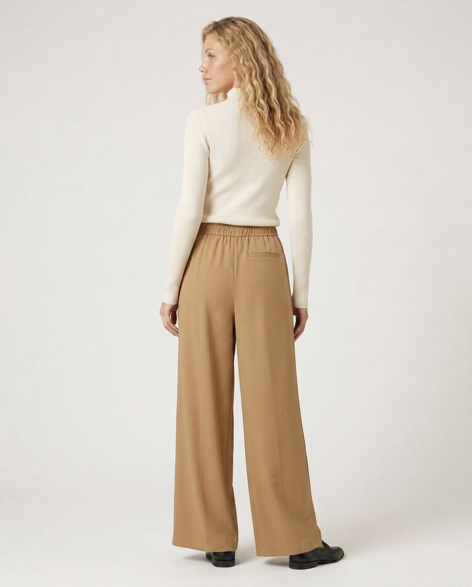 High waist wide-leg trousers, camel, with elastic waistband and wide straight legs