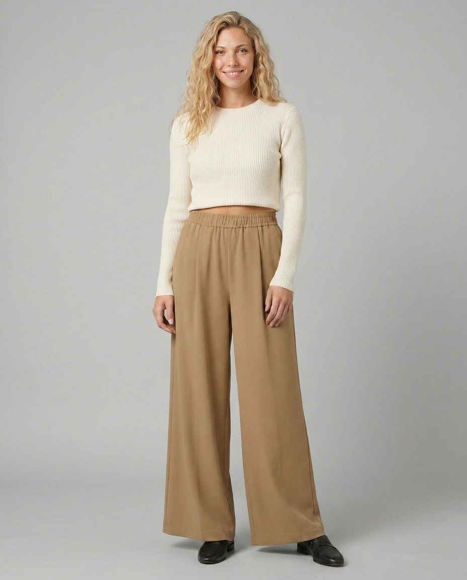 Brown high-waist wide-leg trousers with elastic waistband and full-length wide legs