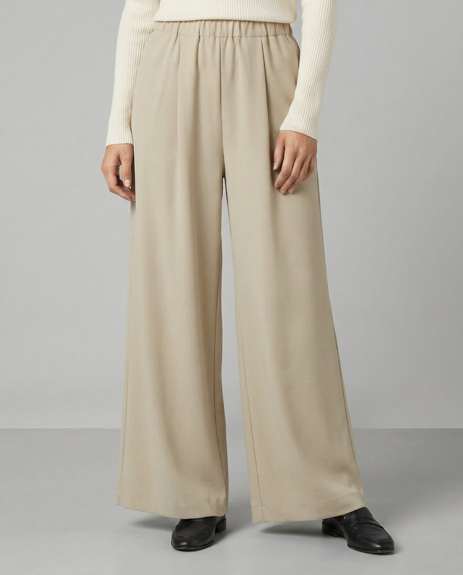 High waist wide-leg trousers, light beige, with elastic waistband and wide legs