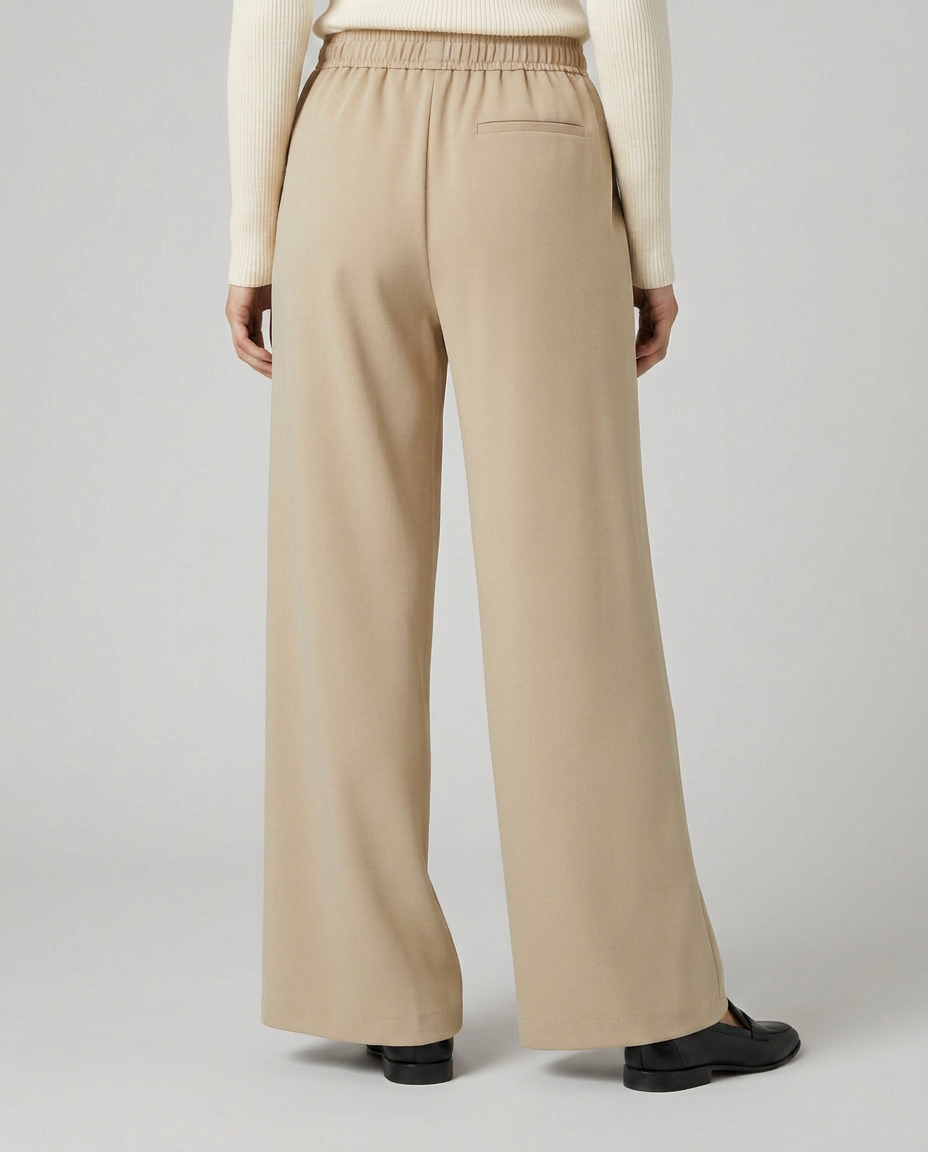 High waist wide-leg trousers, light beige, with elastic waistband and wide legs
