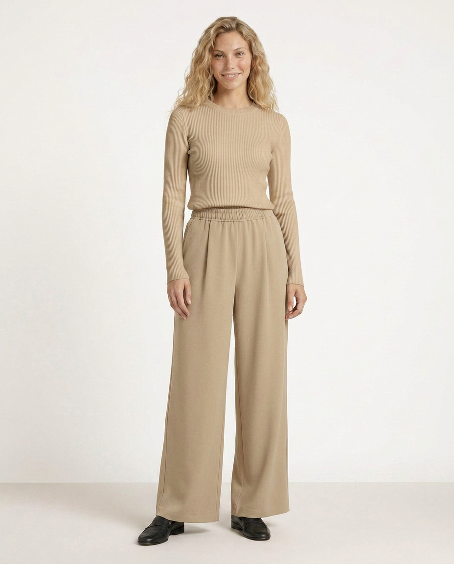 High waist wide-leg trousers, light beige, with elastic waistband and wide legs