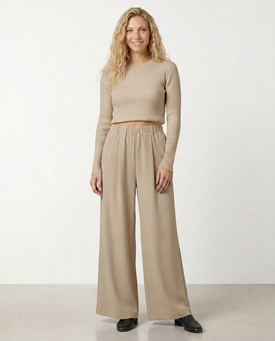 High waist wide-leg trousers, light beige, with elastic waistband and wide legs