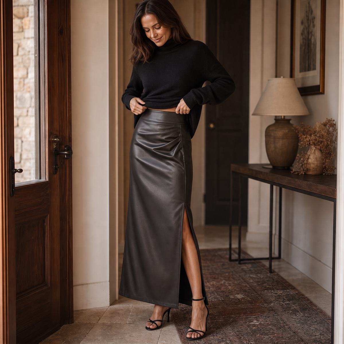 High-waisted faux leather midi skirt in dark taupe with long side slit